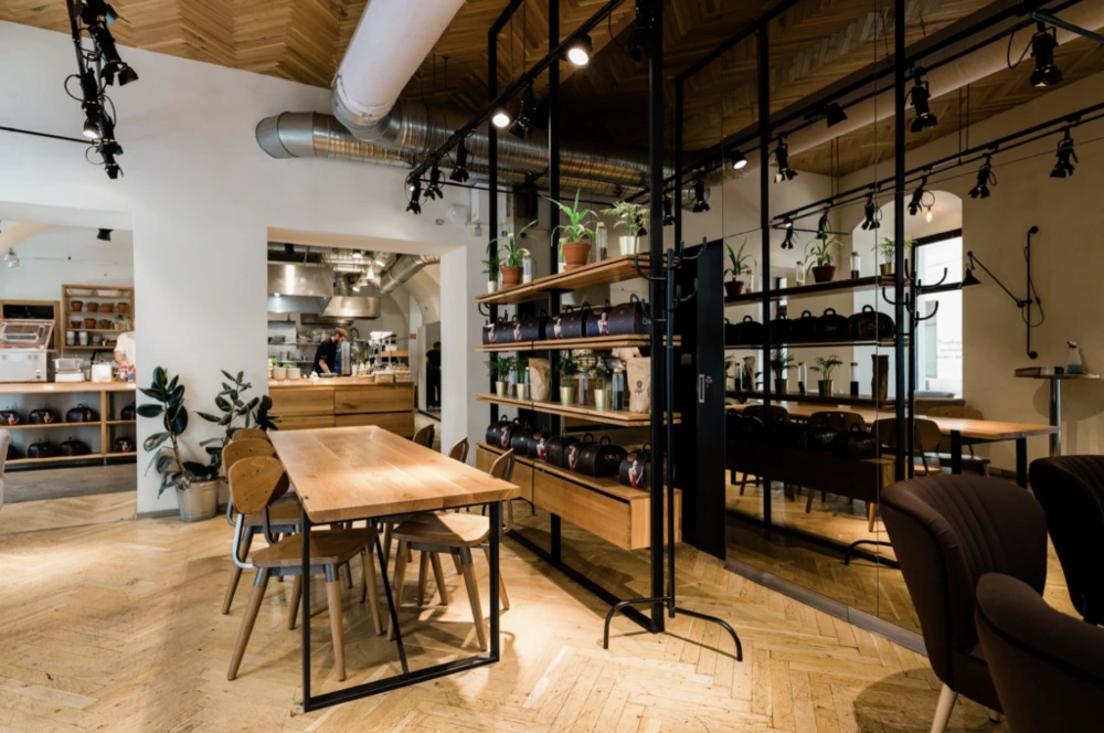 Industrial-style café bar inside Mondieu Franchise No. 1