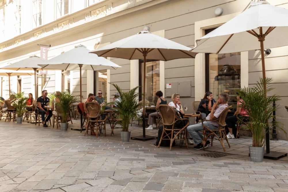 Outdoor dining terrace of Mondieu Franchise No. 1 in Bratislava Old Town