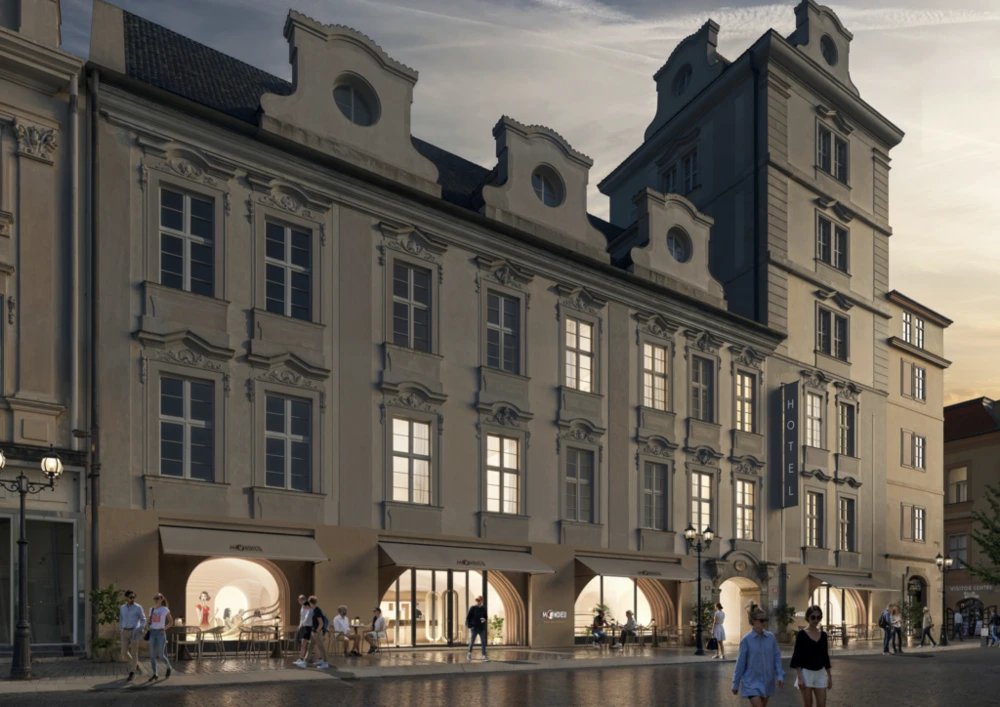 Historic Prague building housing Mondieu Rytířská at dusk