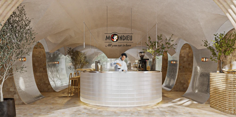 Sculptural white coffee bar inside Mondieu Rytířská in Prague