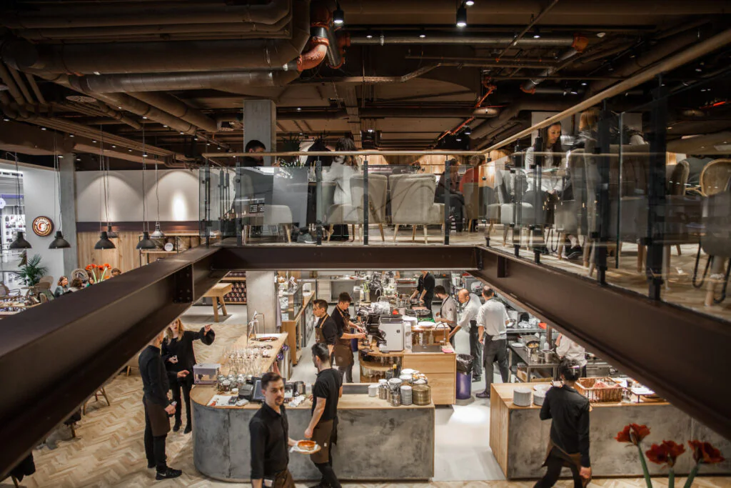 Two-level dining interior at Mondieu Westfield Chodov